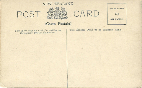 (back of postcard) Worsley postcard, Scarlet Mistletoe, Morepork, Manuka-Raukiri, Pied Fantail or Piwakawaka