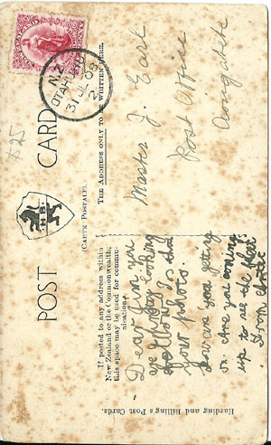 (back of postcard) Trevor Lloyd postcard, Kapai Te Stink