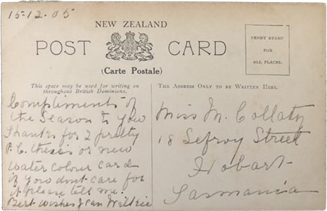 (back of postcard) Wilson postcard, Mitre Peak, Milford Sound, New Zealand