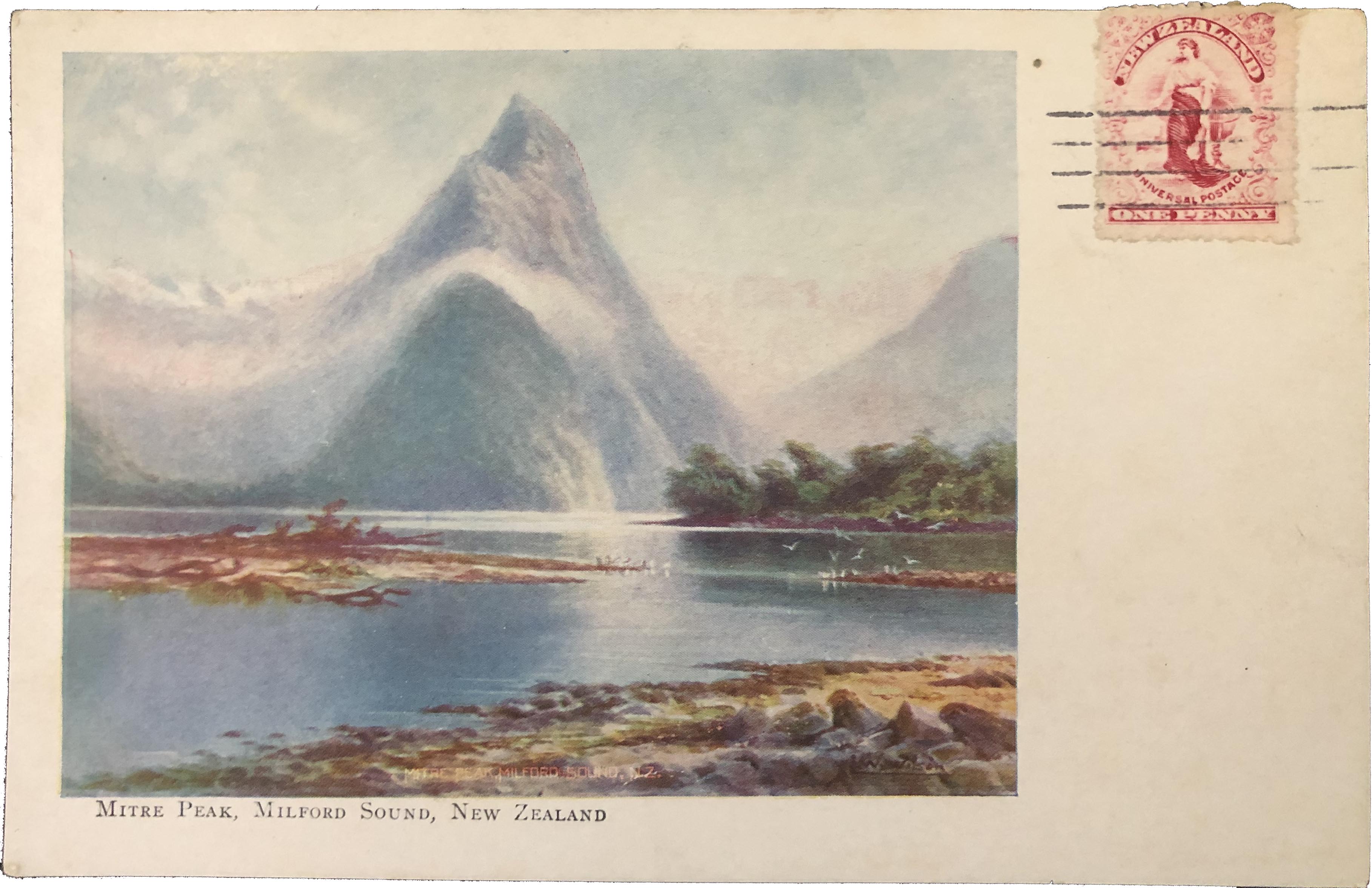 (front of postcard) Wilson postcard, Mitre Peak, Milford Sound, New Zealand
