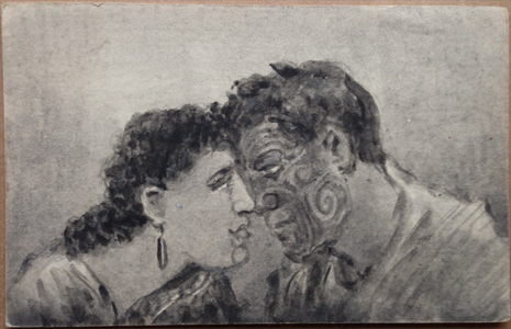 G Robley Postcard, Maori Hongi, Pen & Ink sketch — note written by Robley, -- LINK to larger image