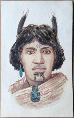 (front of postcard) G Robley Postcard, Pen & Ink drawing; Maori chieftainess, 1912