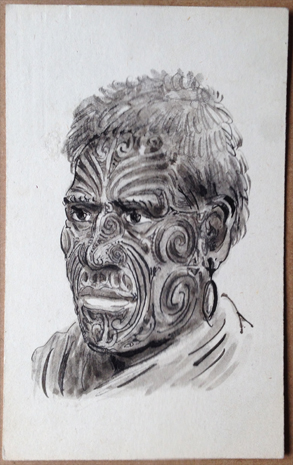 (front of postcard) G Robley Postcard, Pen & Ink drawing; Maori chief