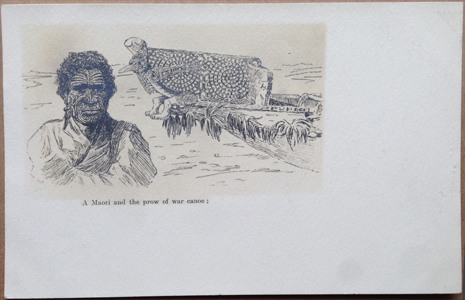 Card (17) — Robley Postcard, Lithograph; Maori chief and prow of a war canoe