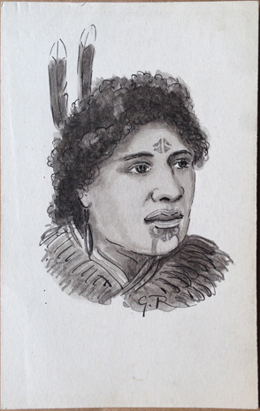 (front of postcard) G Robley Postcard, Pen & Ink sketch — Maori woman with moko