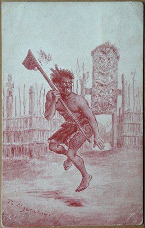 (front of postcard) G Robley Postcard, Card (5) — Lithograph; Tutu Ngarahu, Maori Haka; signed G. Robley
