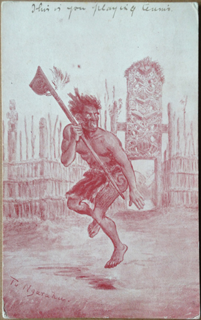 (front of postcard) G Robley Postcard, Card (6) Photograph; Tutu Ngarahu, Maori Haka; Published by Iles