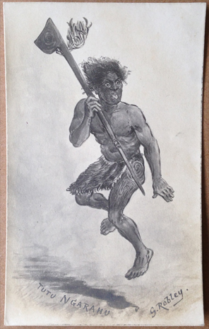 (front of postcard) Card (8) — G Robley postcard, Lithograph, Tutu Ngarahu, Maori Haka — Iles publisher