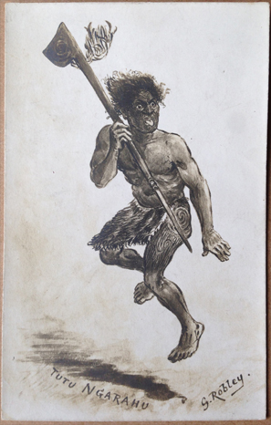 (front of postcard) G Robley postcard, Card (9), Lithograph; Tutu Ngarahu, Maori Haka — Iles publisher
