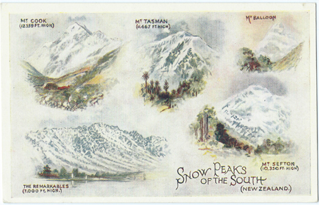 (front of postcard) Wilson Bros., Snowy Peaks of the South (New Zealand)