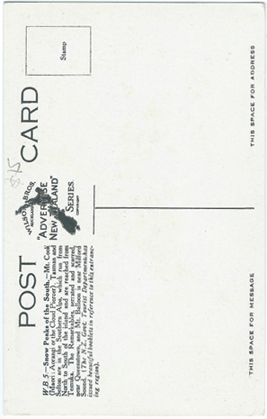 (back of postcard) Wilson Bros., Snowy Peaks of the South (New Zealand)