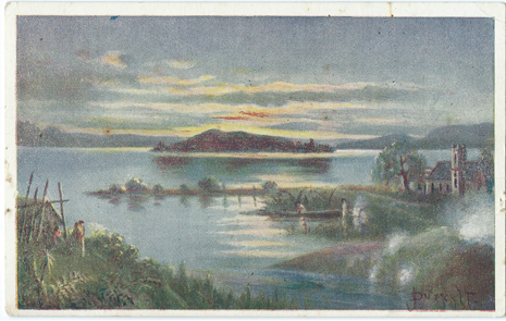(front of postcard) Wilson Bros. Postcard, Lake Rotorua [Artist J.D. Perrett]