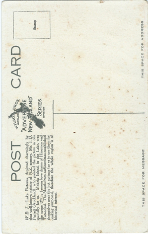 (back of postcard) Wilson Bros. Postcard, Lake Rotorua [Artist J.D. Perrett]