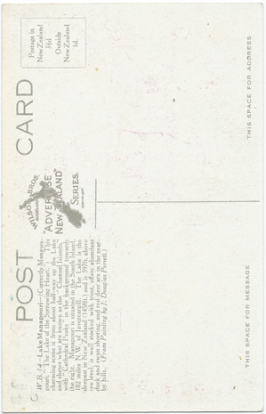 (back of postcard) Wilson Bros., Lake Manapouri (from set 2)