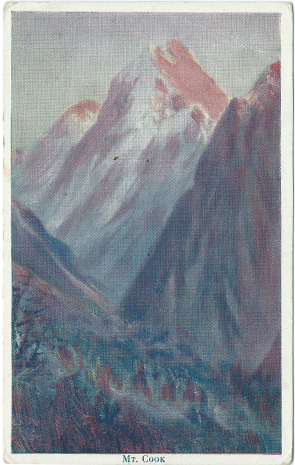 (front of postcard) Wilson Bros. Postcard, Mount Cook and the Hochstter Dome (from set 2)