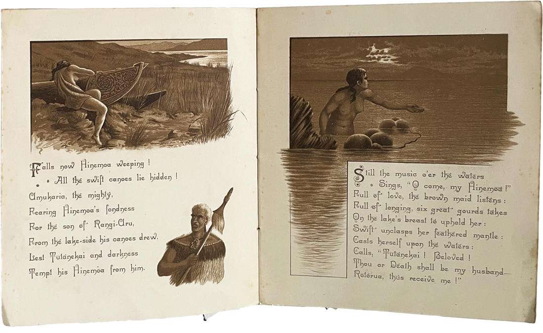 Hinemoa(pages 6 and 7) A D Willis, New Zealand Sepia Lithograph booklet