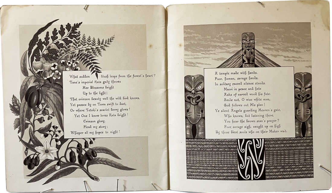 Land of the Moa(pages 10 and 11) A D Willis, New Zealand Sepia Lithograph booklet