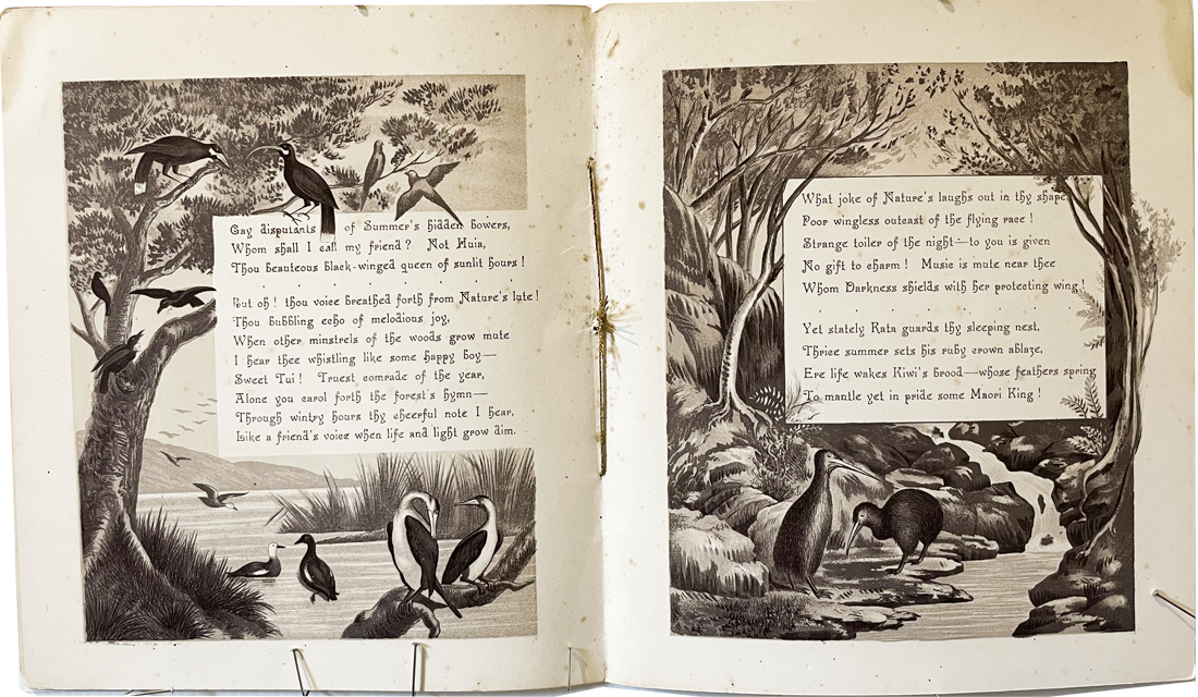Land of the Moa(pages 6 and 7) A D Willis, New Zealand Sepia Lithograph booklet