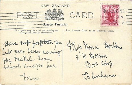 (back of postcard) Worsley postcard, Rauhuia, Kakapo, Kowhaingutu-Kaka, Brown Kiwi