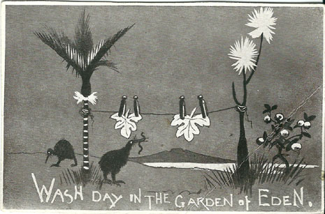 (front of postcard) Trevor Lloyd postcard, Wash Day in the Garden of Eden
