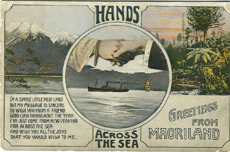 Trevor Lloyd postcard, Hands Across the Sea, Greetings from Maoriland, colour, -- LINK to larger image