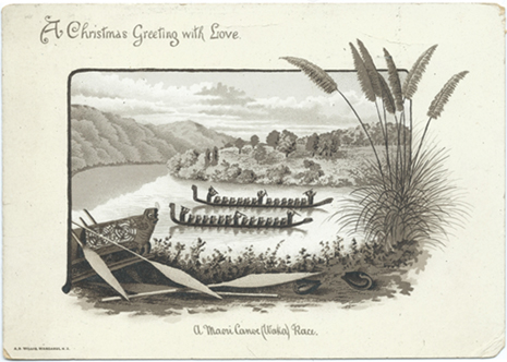 A D Willis, sepia, card (1a) A Maori Canoe (Waka) Race, -- LINK to larger image
