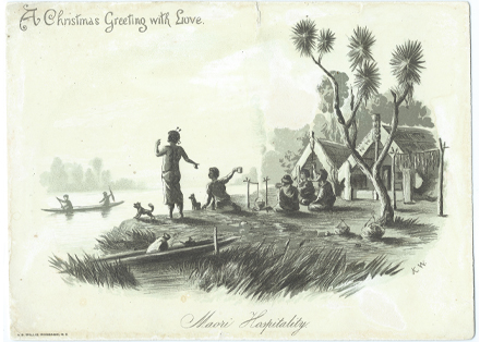 A D Willis, sepia, Watkins, card (3) Maori Hospitality -- LINK to larger image
