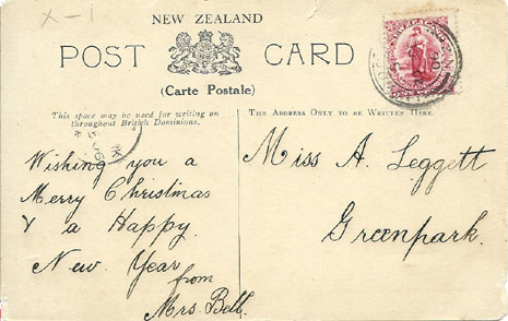 (back of postcard) Wilson postcard, Wanganui River, New Zealand