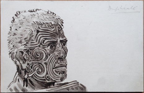 (front of postcard) G Robley Postcard, Pen & Ink drawing, Maori chief