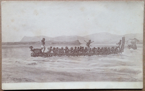 (front of postcard) G Robley Postcard, Lithograph; Maori war canoe, 1880