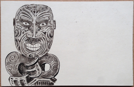 (front of postcard) G Robley Postcard, Pen & Ink drawing; Maori carving