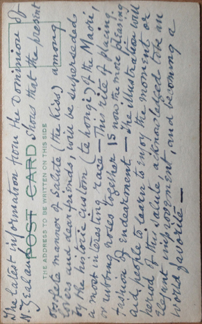 (back of postcard) G Robley Postcard, Maori Hongi, Pen & Ink sketch — note written by Robley