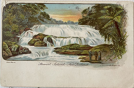 (front of postcard) A D Willis, NZ Tourist and Health Resorts, series ONE, Stewart Island New Zealand (waterfall)