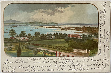 (front of postcard) A D Willis, NZ Tourist and Health Resorts, series ONE, Auckland Harbour New Zealand