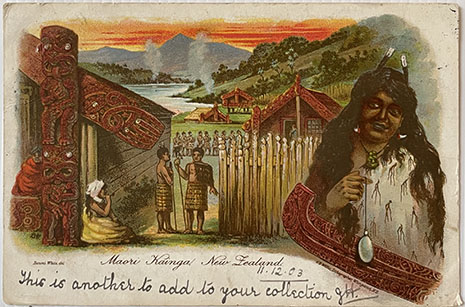 (front of postcard)  A D Willis, NZ Tourist and Health Resorts, series ONE, Maori Kainga New Zealand
