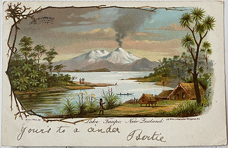 (front of postcard) A D Willis, NZ Tourist and Health Resorts, series ONE, Lake Taupo New Zealand