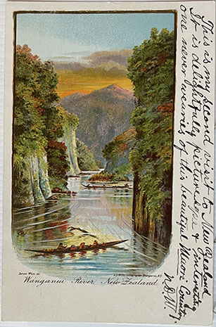 (front of postcard)  A D Willis, NZ Tourist and Health Resorts, series ONE, Wanganui River New Zealand