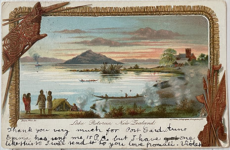 (front of postcard)  A D Willis, NZ Tourist and Health Resorts, series ONE, Lake Rotorua New Zealand