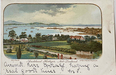 (front of postcard)  A D Willis, NZ Tourist and Health Resorts, series TWO, Auckland Harbour New Zealand