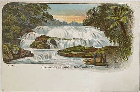 (front of postcard) A D Willis, NZ Tourist and Health Resorts, series ONE, Stewart Island New Zealand (waterfall)
