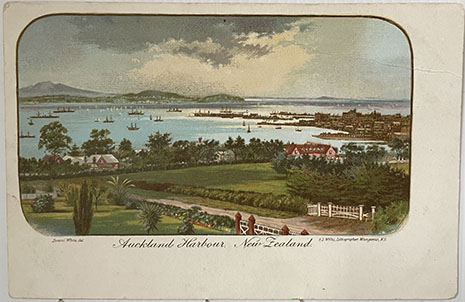 (front of postcard)  A D Willis, NZ Tourist and Health Resorts, series ONE, Auckland Harbour New Zealand