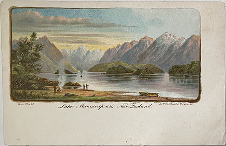 (front of postcard)  A D Willis, NZ Tourist and Health Resorts, series ONE, Lake Manawapouri New Zealand