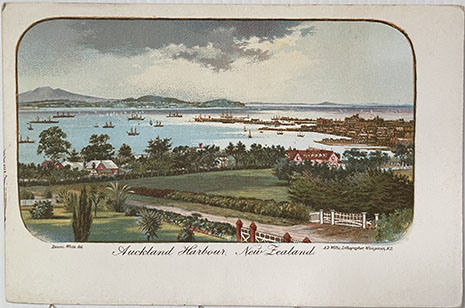 (front of postcard)  A D Willis, NZ Tourist and Health Resorts, series TWO, Auckland Harbour New Zealand
