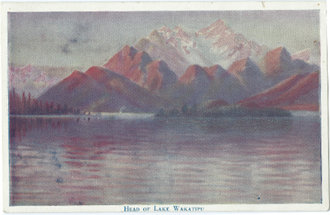 Wilson Bros. Postcard, Lake Wakatipu [Artist J.D. Perrett], -- LINK to larger image