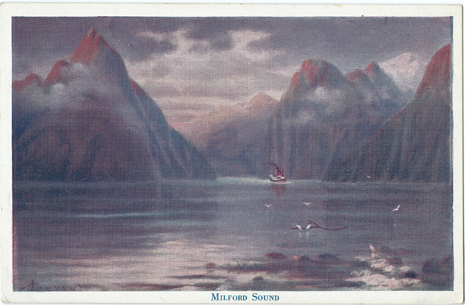 Wilson Bros. Postcard, Milford Sound [Artist J.D. Perrett], -- LINK to larger image