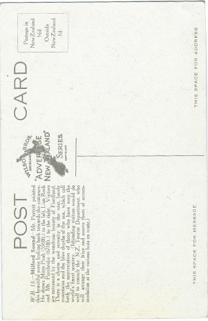 (back of postcard) Wilson Bros. Postcard, Milford Sound [Artist J.D. Perrett]