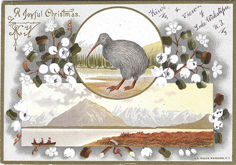(front of postcard) A D Willis, New Zealand Chromolithographic Christmas cards, Kiwi & view of Lake Wakatipu, N.Z.