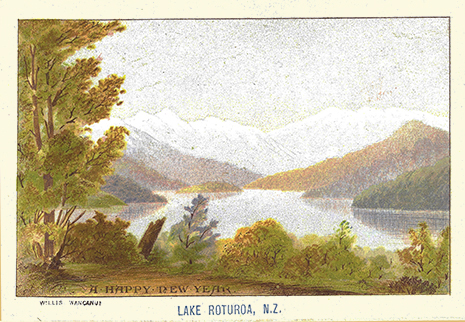 (front of postcard) A D Willis, New Zealand Chromolithographic Christmas cards, LAKE ROTORUA, N.Z.