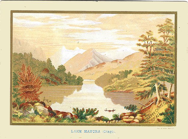 (front of card) A D Willis, New Zealand Chromolithographic Christmas cards, LAKE MAVORA (Otag)